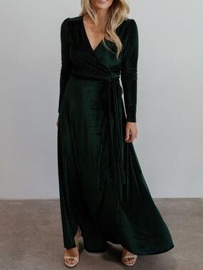 Baltic Born - Jada Dark Green Ribbed Velvet Wrap Maxi Dress - Long Sleeve